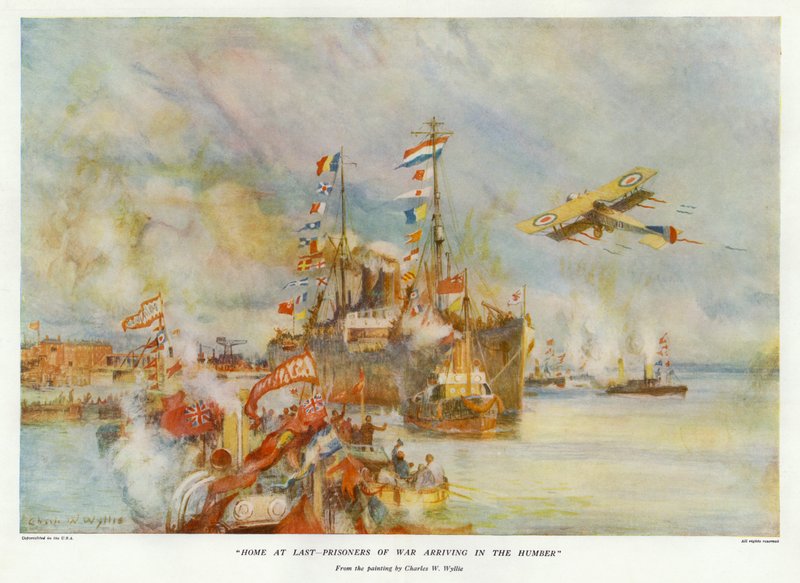 Home at Last - Krigsfanger ankommer i Humber (farge litho) av Charles William Wyllie