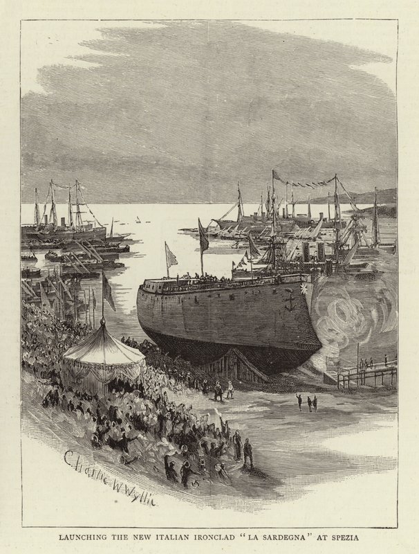 Lansering av den nye italienske Ironclad La Sardegna på Spezia av Charles William Wyllie