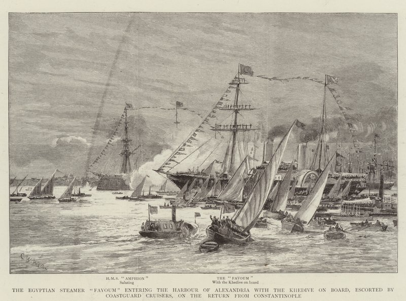 Den egyptiske dampbåten Fayoum kommer inn i havnen i Alexandria med Khedive om bord, eskortert av Coastguard Cruisers, på returen fra Konstantinopel av Charles William Wyllie
