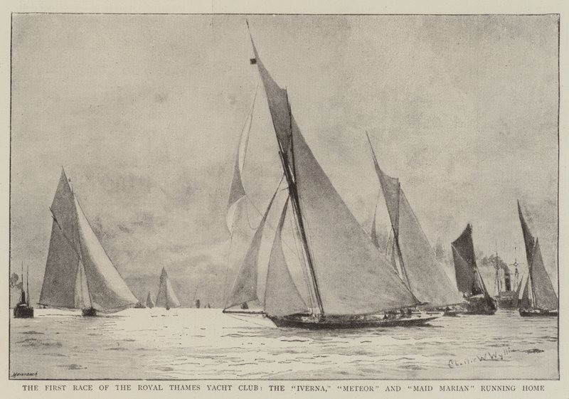 Det første løpet av Royal Thames Yacht Club, Iverna, Meteor og Maid Marian som løper hjem av Charles William Wyllie
