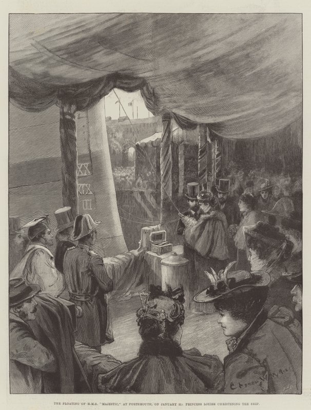 The Floating of HMS Majestic, i Portsmouth, 31. januar, døpte prinsesse Louise skipet av Charles William Wyllie