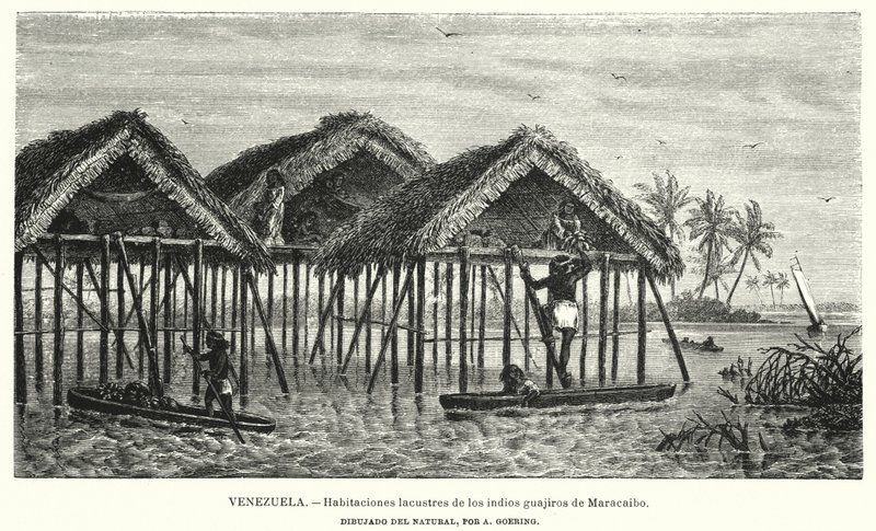 Innsjøboliger til Wayuu (Guajiro) indianerne, Maracaibo, Venezuela (litho) av Christian Anton Goering
