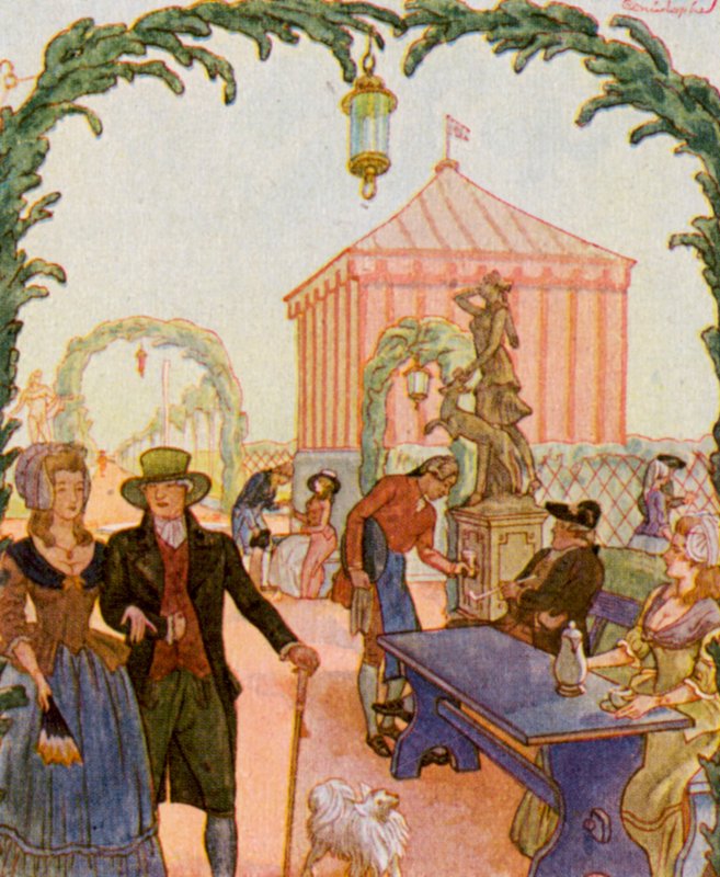 Schmausengarten Vor Nurnberg / Festhage foran Nürnberg (farge litho) av Christophe (1856-1945)
