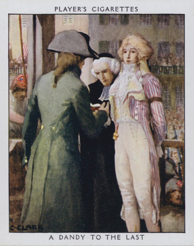 A Dandy to the Last, som Samson, bøddelen, spør om han kan fjerne aristokratens cravat (farge litho) av Christopher (after) Clark