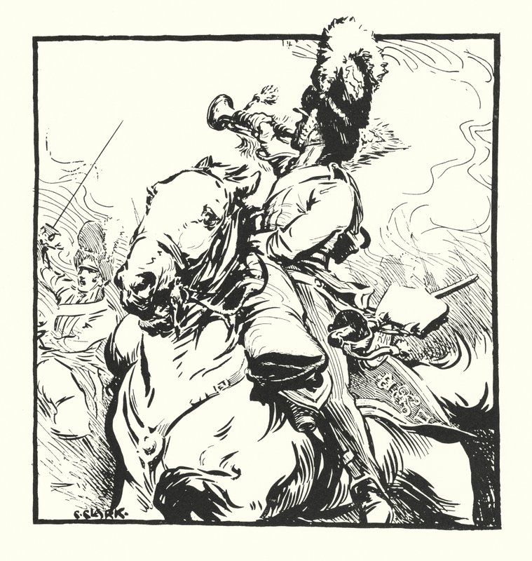 Bugler of the Scots Greys, tegner for en annonse for Major Drapkin & Co