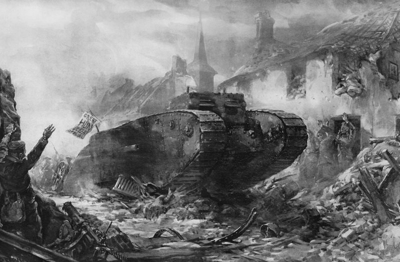 Den første bruken av pansrede landskip i krigen, Tanks på vestfronten (litho) av Christopher (after) Clark