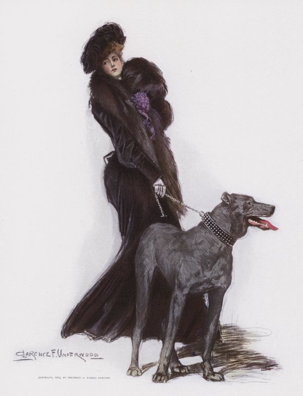 Kvinne går tur med hunden sin av Clarence F. Underwood