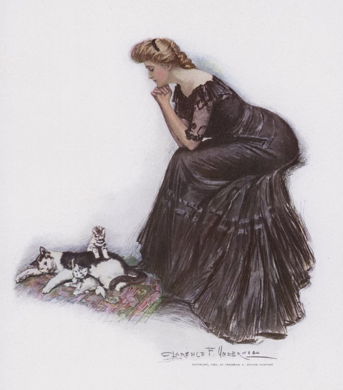 Kvinne ser på en katt og kattungene hennes av Clarence F. Underwood