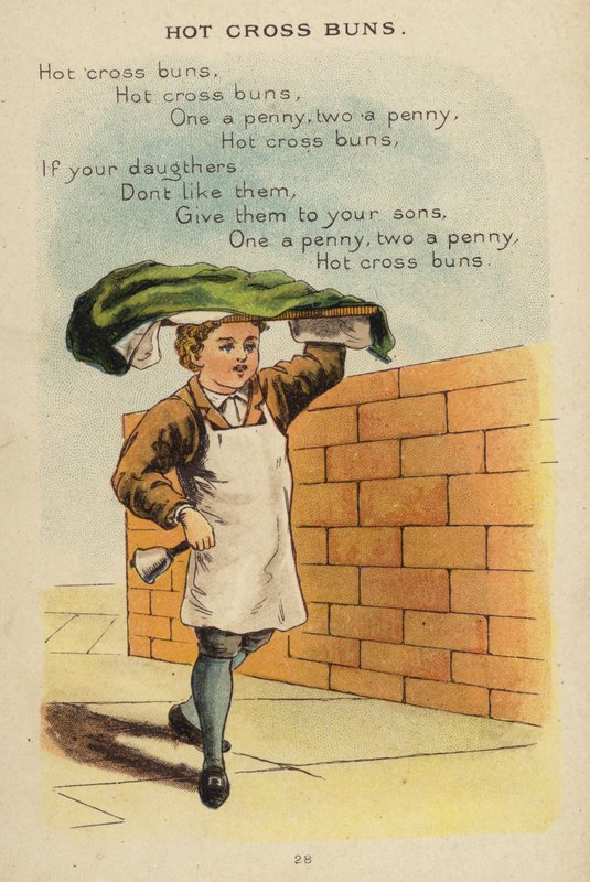 Barnerim: Hot Cross Buns (chromolitho) av Constance Haslewood