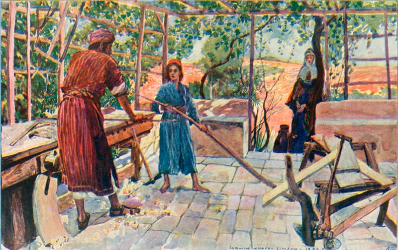 Jesus arbeider hjemme med Josef og Maria av Corwin Knapp Linson