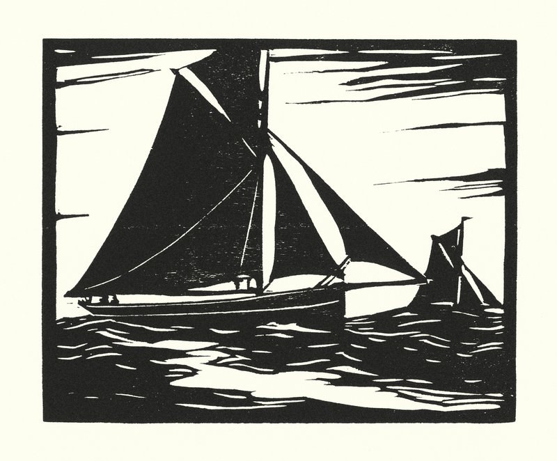 Fiskebåter og lektere: Plymouth Long Boomer (tresnitt) av Cyril A. Wilkinson