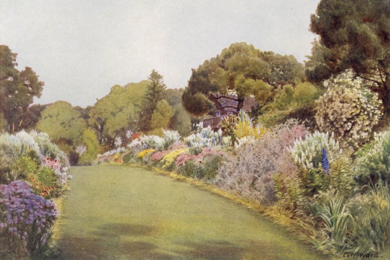 Grensene på plenen på Swiss Cottage, Osborne (farge litho) av Cyril Ward