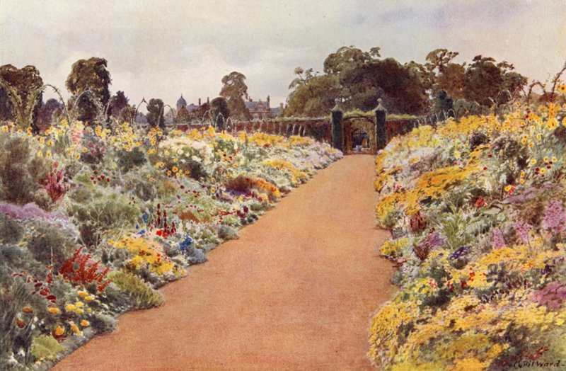 The Double Borders in the East Garden, Sandringham (farge litho) av Cyril Ward