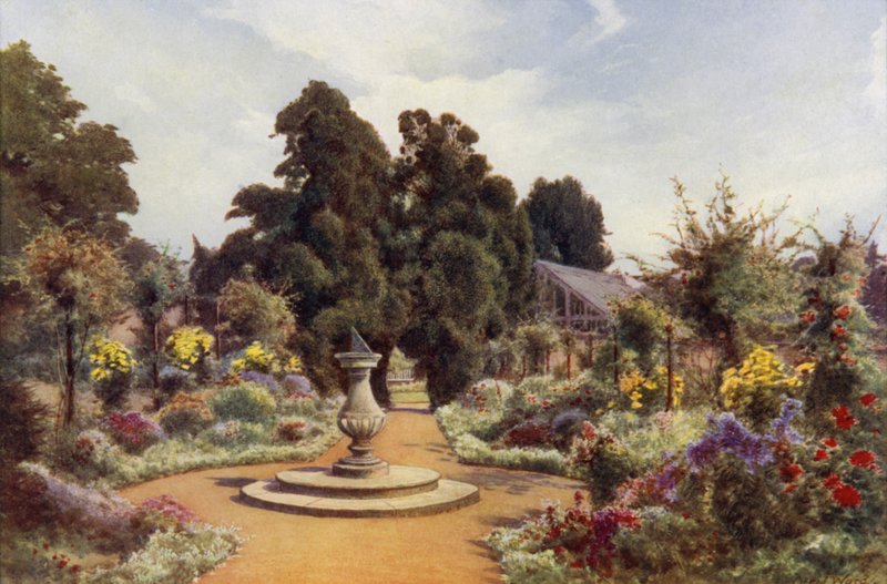 Det gamle soluret, Claremont (farge litho) av Cyril Ward