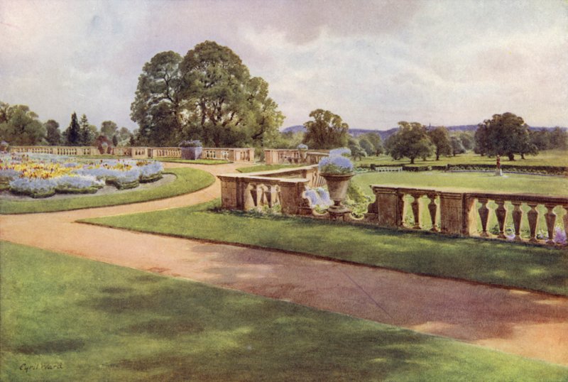 Utsikten fra terrassen, Bagshot Park (farge litho) av Cyril Ward