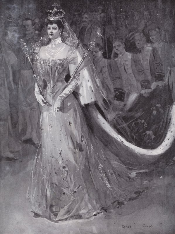 Dronning Alexandra forlater Westminster Abbey, London, etter hennes og kong Edward VIIs kroning av Cyrus (after) Cuneo