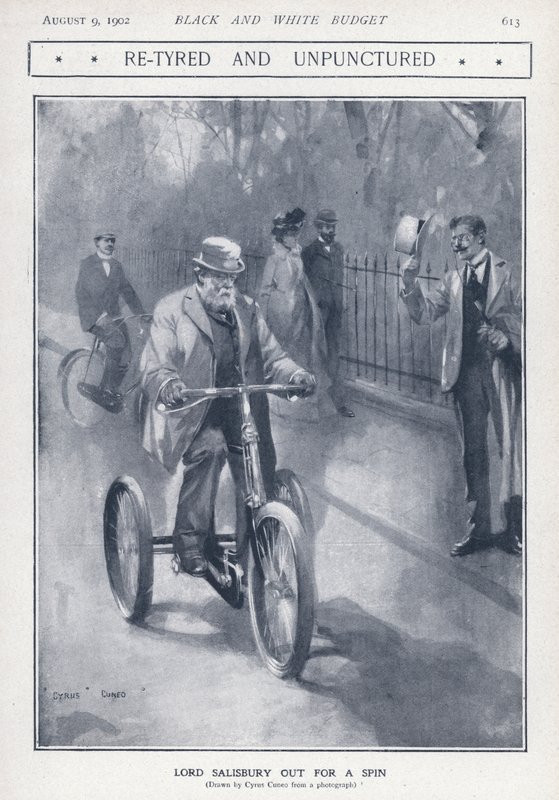 Engelsk konservativ politiker og statsminister Lord Salisbury som sykler på en trehjulssykkel (litho) av Cyrus Cuneo