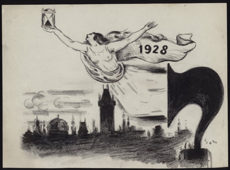 Kvinnefigur som holder et timeglass over en silhuett av Prahas skyline (pastell) av Czech School