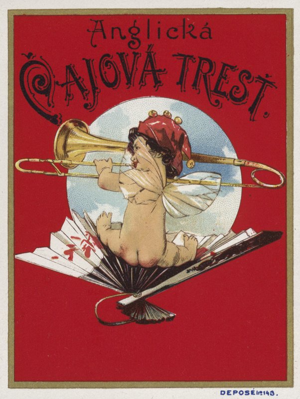 Produktetikett som viser en kjerub som spiller en trombone av Czech School