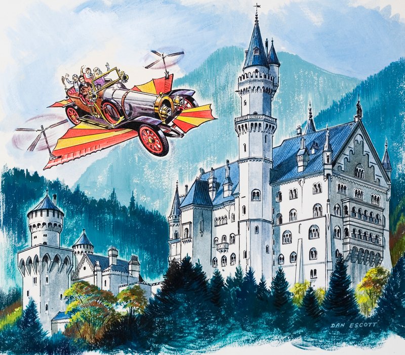 Chitty Chitty Bang Bang passerer Neuschwanstein i de bayerske Alpene av Dan Escott