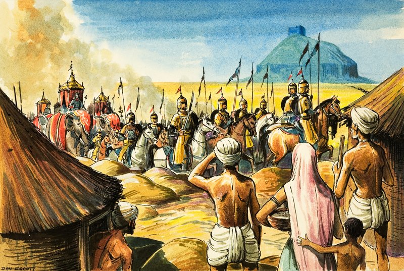 Indiske innfødte ser på mens en prosesjon av elefanter og soldater nærmer seg et fort (gouache på papir) av Dan Escott