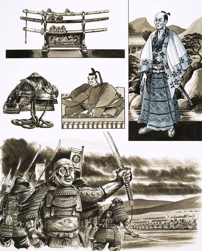 Samuraiens yrke er ran og vold (gouache på papir) av Dan Escott