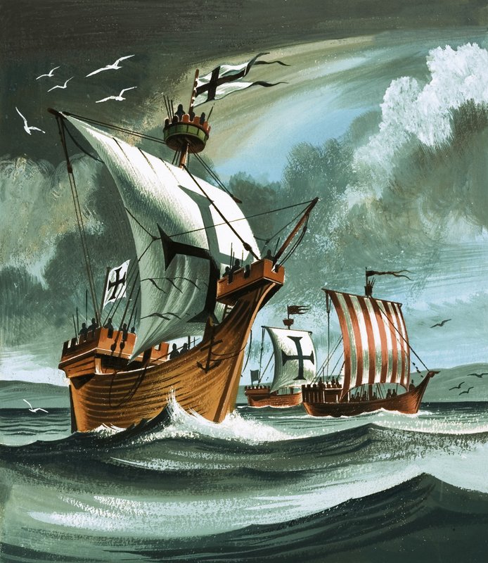 Handelsskip med teutoniske riddere om bord som nærmer seg et piratfartøy av Dan Escott