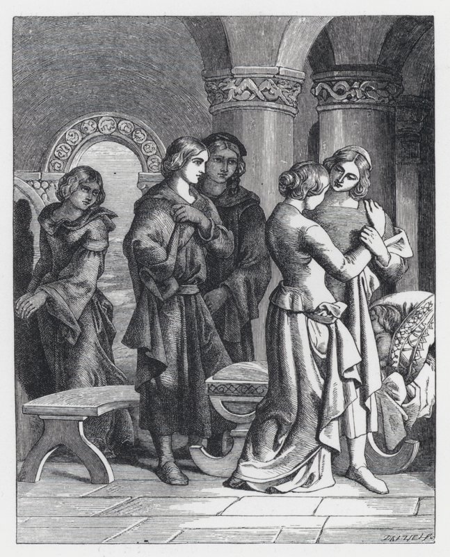 Illustrasjon for Tennysons dikt, The Princess (gravering) av Daniel (after) Maclise