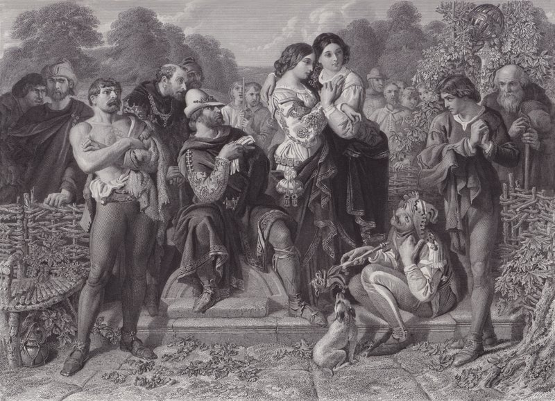 Orlando og bryteren, "Som du liker det" (gravering) av Daniel (after) Maclise