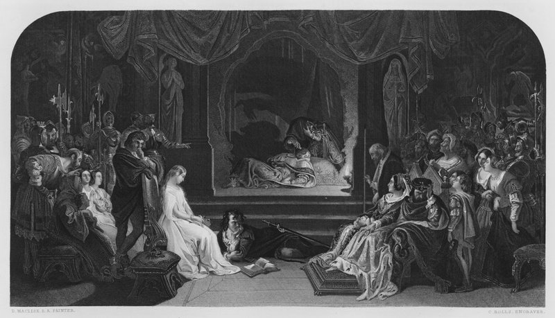 The Play Scene, Hamlet, fra bildet i Vernon Gallery (gravering) av Daniel (after) Maclise