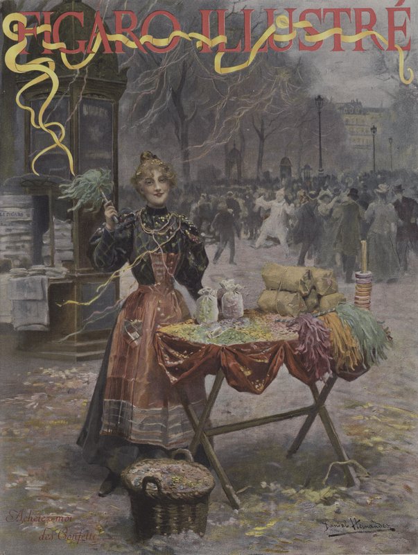 Kjøp meg konfetti! (Kjøp litt konfetti fra meg!). Forside av Le Figaro Illustre, februar 1897 av Daniel Hernandez