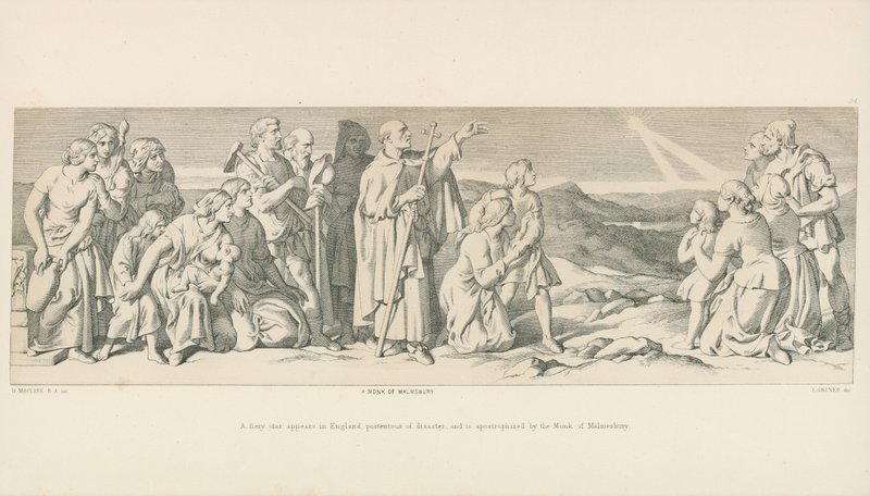 En brennende stjerne dukker opp i England, varsel om katastrofe, og blir apostrofert av munken av Malmesbury av Daniel Maclise