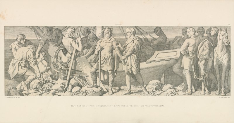 Harold, som er i ferd med å returnere til England, byr adieu til William, som laster ham med avskjedsgaver av Daniel Maclise