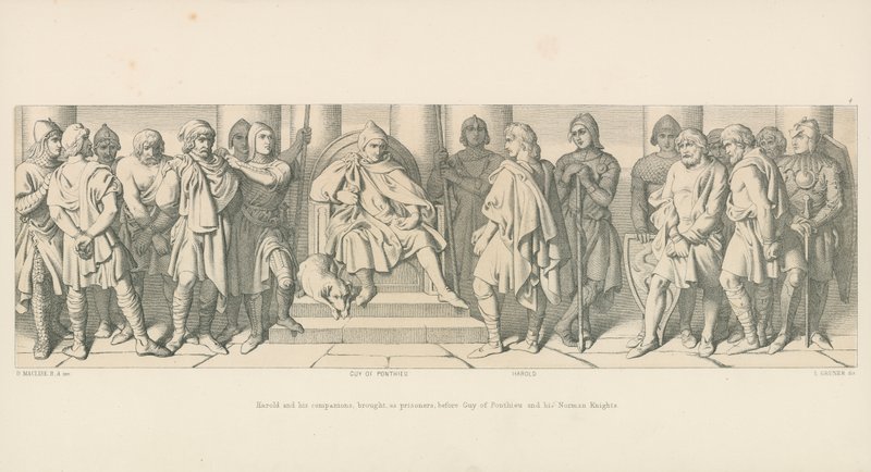 Harold og hans følgesvenner, brakt, som fanger, for Guy of Ponthieu og hans normanniske riddere av Daniel Maclise