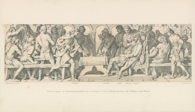 Harold erobreren på Stamford, og såret, sitter på en bankett i York. En herold kunngjør landingen til hertug William av Daniel Maclise
