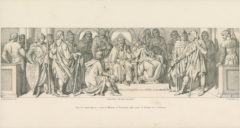 Harold, som drar på besøk til William av Normandie, tar avskjed med Edward Bekjenneren av Daniel Maclise