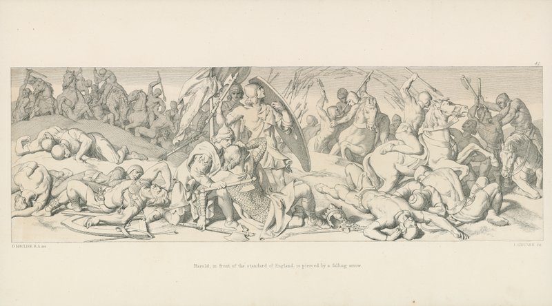 Harold, foran Standard of England, blir gjennomboret av en fallende pil av Daniel Maclise