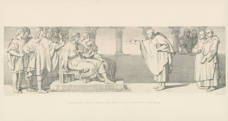 Hugues Maigrot, en munk, har publikum til kong Harold, for å foreslå betingelser fra hertug William av Daniel Maclise