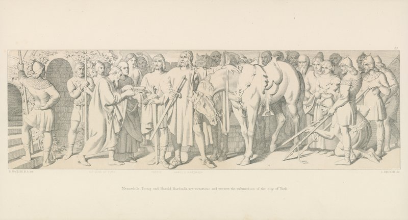 I mellomtiden er Tostig og Harold Hardrada seirende og mottar underkastelsen fra City of York av Daniel Maclise