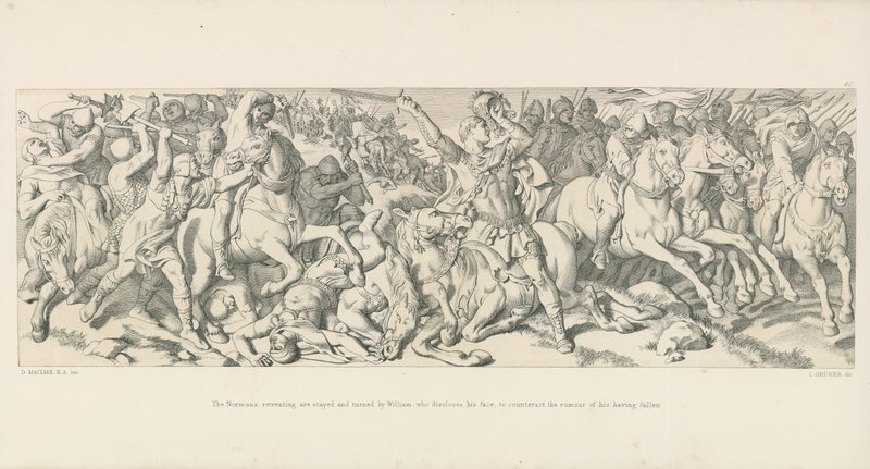 Normannerne trekker seg tilbake, blir holdt tilbake og snudd av William, som avslører ansiktet sitt, for å motvirke ryktet om at han har falt av Daniel Maclise