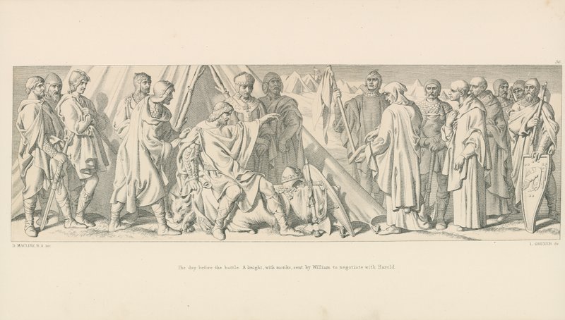 Dagen før slaget. En ridder, med munker, sendt av William for å forhandle med Harold av Daniel Maclise