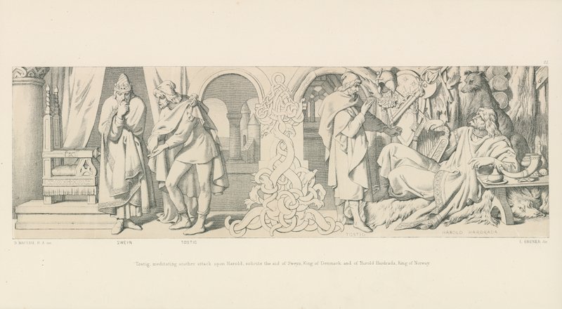 Tostig, som mediterer et nytt angrep på Harold, ber om hjelp fra Sweyn, konge av Danmark og Harold Hardrada, konge av Norge av Daniel Maclise