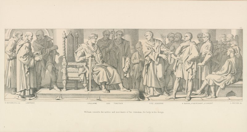 William konsulterer adelen og kjøpmennene i hertugdømmet hans for å få hjelp til hans design av Daniel Maclise