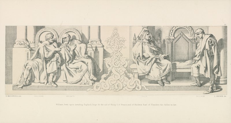William, bøyd på å invadere England; ber om hjelp fra Filip I av Frankrike, og Baldwin jarl av Flandern hans svigerfar av Daniel Maclise