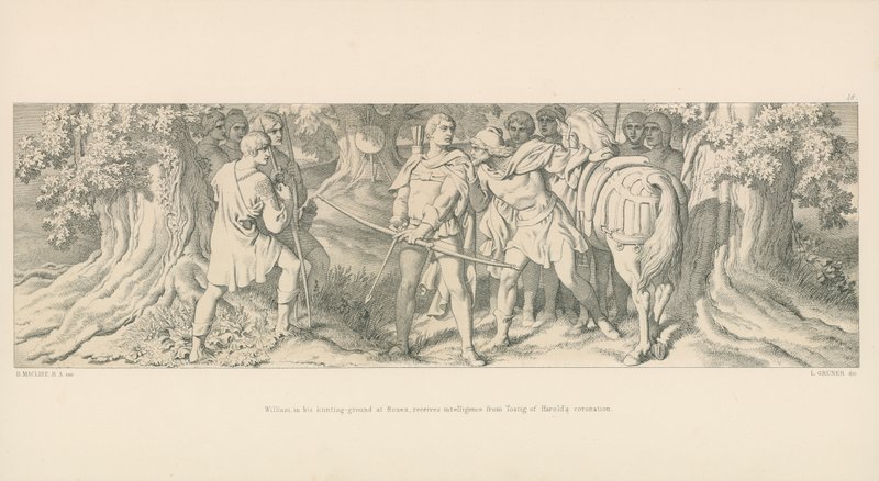 William, i sin jaktmark i Rouen, mottar etterretning fra Tostig fra Harold