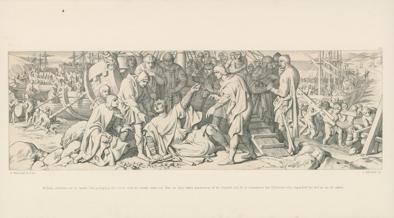 William snubler når han lander, men griper jorden med hånden og roper at han dermed tar den engelske jord i besittelse, og beroliger dermed sine tilhengere, som så på hans fall som et dårlig tegn av Daniel Maclise