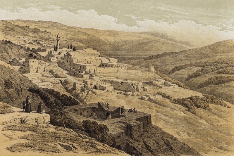 Klosteret til Terra Santa, Nasaret (litho-farge) av David (after) Roberts