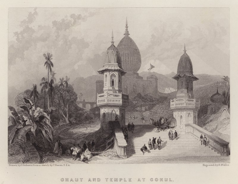 Ghaut og tempel ved Gokul (farge litho) av David (after) Roberts