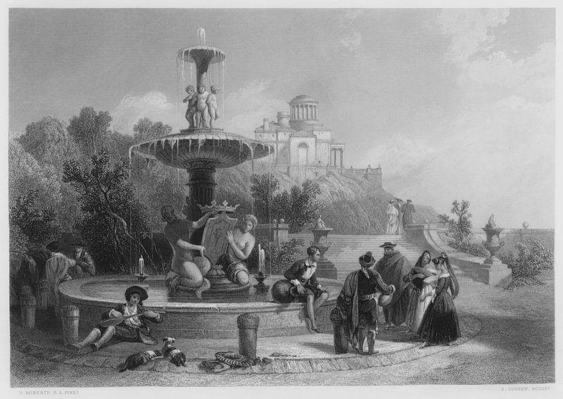 Fontenen i Madrid, fra bildet i den kongelige samlingen (gravering) av David (after) Roberts
