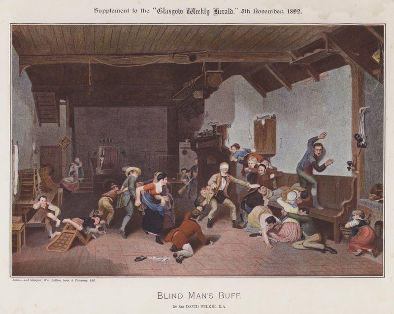 Blind Man's Buff (farge litho) av David (after) Wilkie